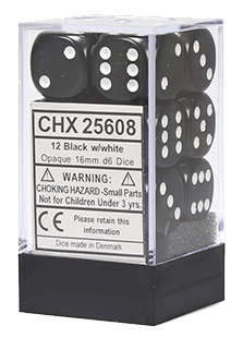 Chessex Opaque 12x16mm Dice Black with White